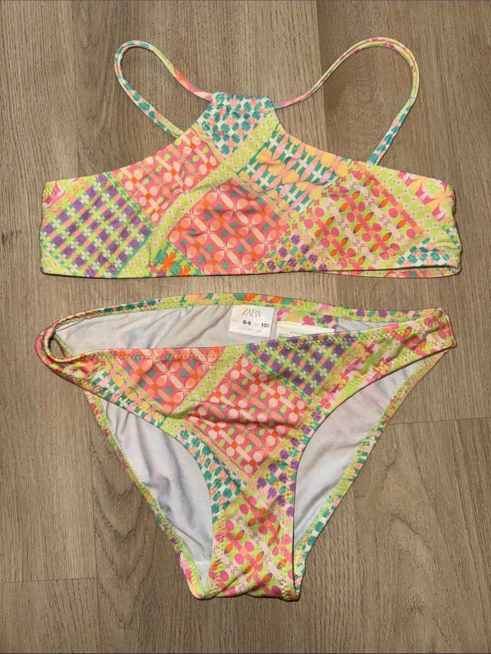 Zara Girls Multicolor Patchwork Bikini — Pink, Yellow, Green, Blue